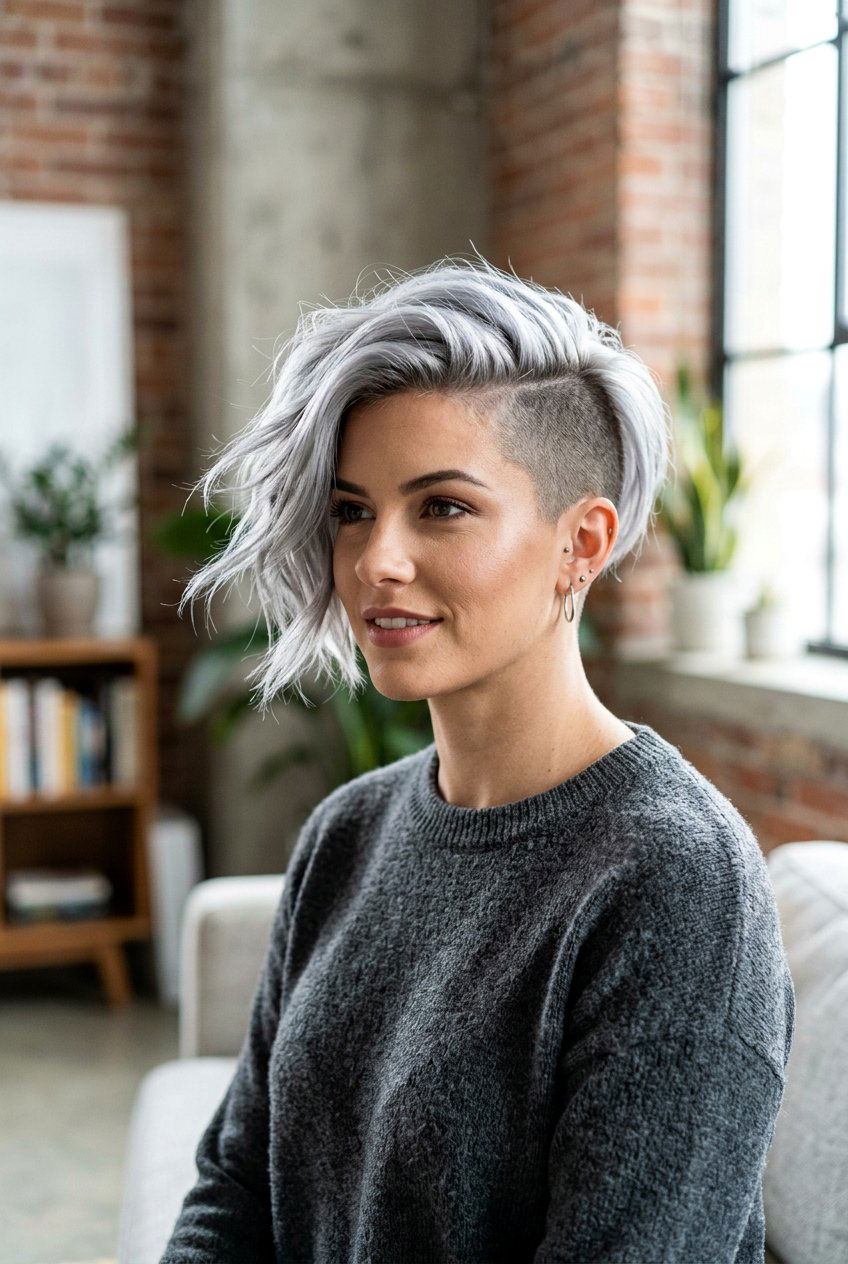 Edgy silver undercut - 20 gray pixie haircut - 20 gray pixie haircut