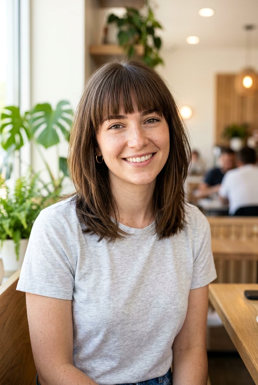 Effortless Medium Cut With Brow Skimming Bangs - 20 low maintenance medium haircut with bangs - 20 low maintenance medium haircut with bangs