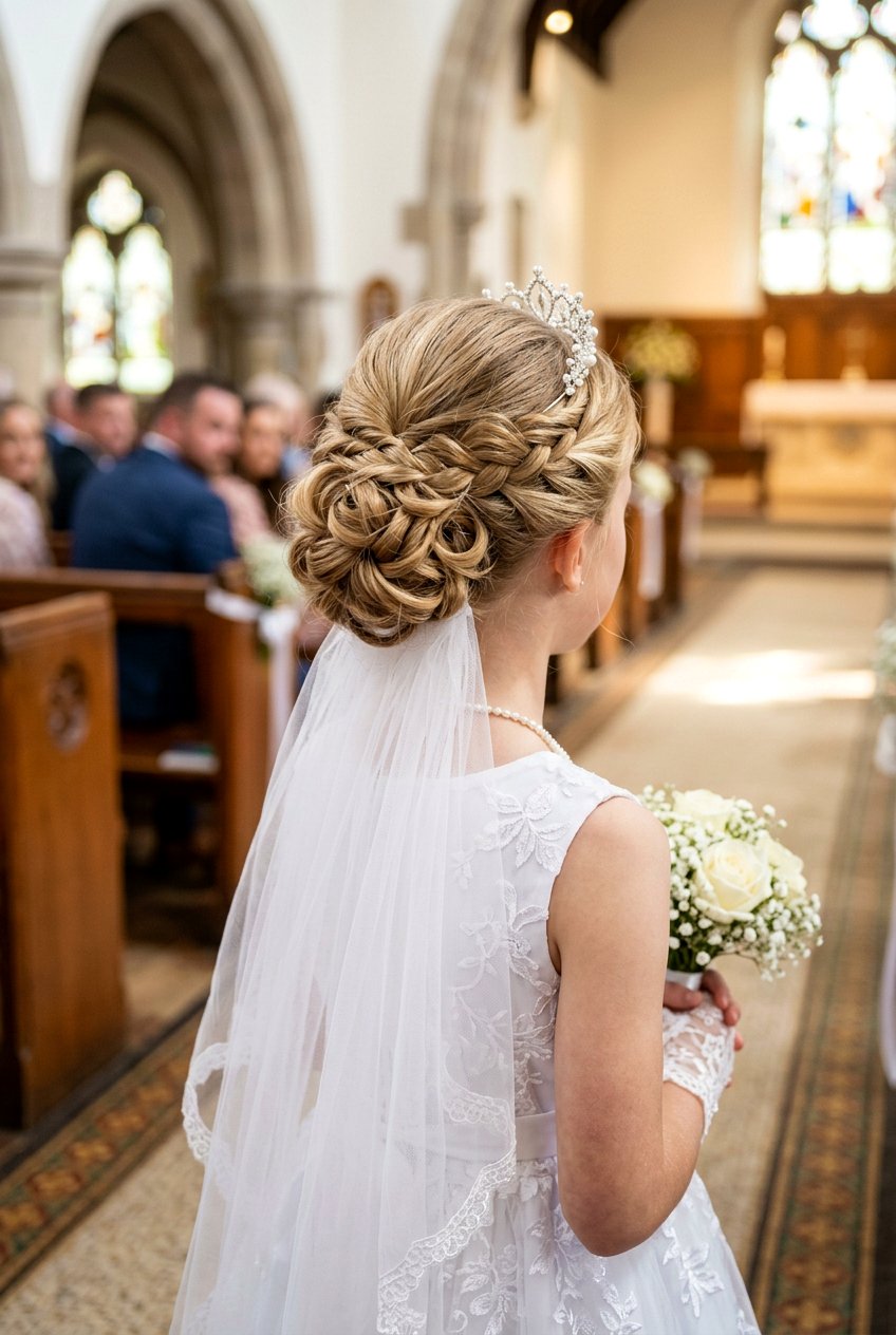 Elegant Communion Updo For Girls With Veil - 20 communion hairstyles for girls - 20 communion hairstyles for girls