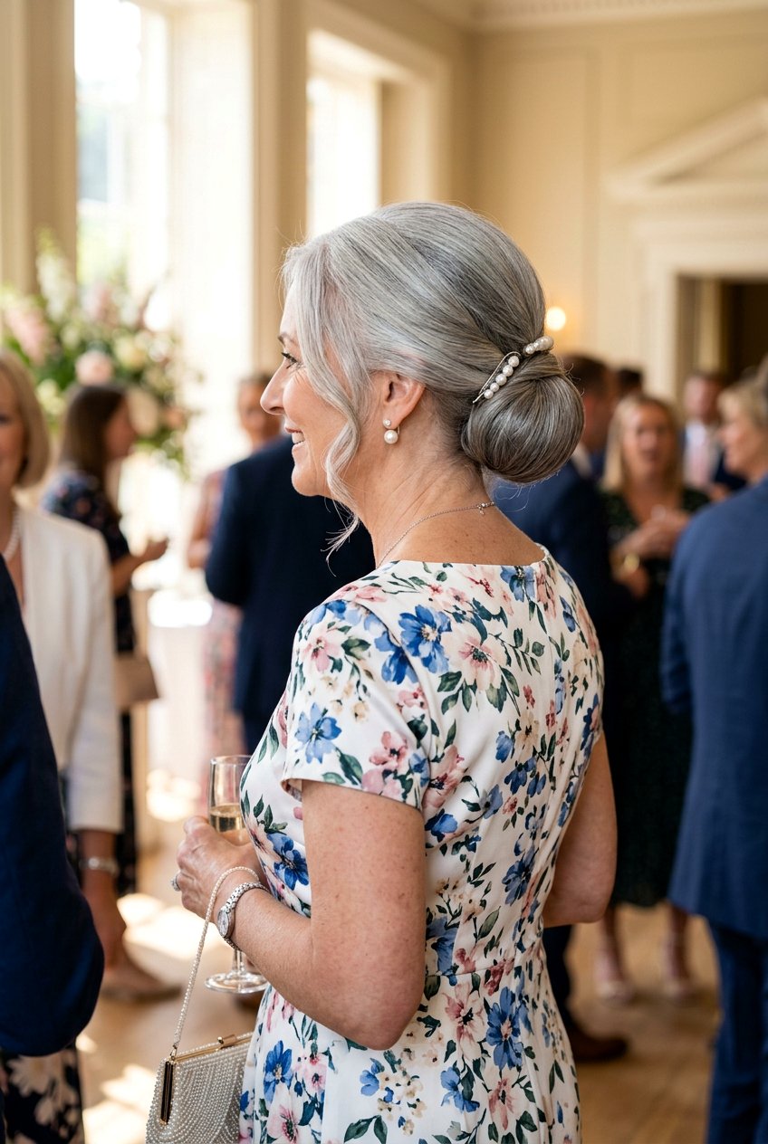 Elegant Gray Chignon - 20 naturally gray wedding guest hairstyle