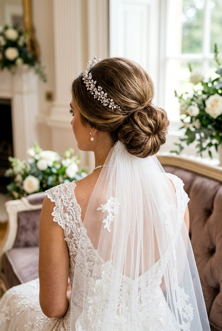 Elegant Low Bun With Volume - 20 bridal hairstyle for veil and tiara - 20 bridal hairstyle for veil and tiara