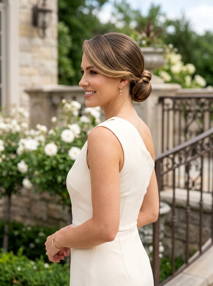 Elegant Low Chignon With Side Sweep - 20 soft glam hairstyle for shoulder length hair - 20 soft glam hairstyle for shoulder length hair