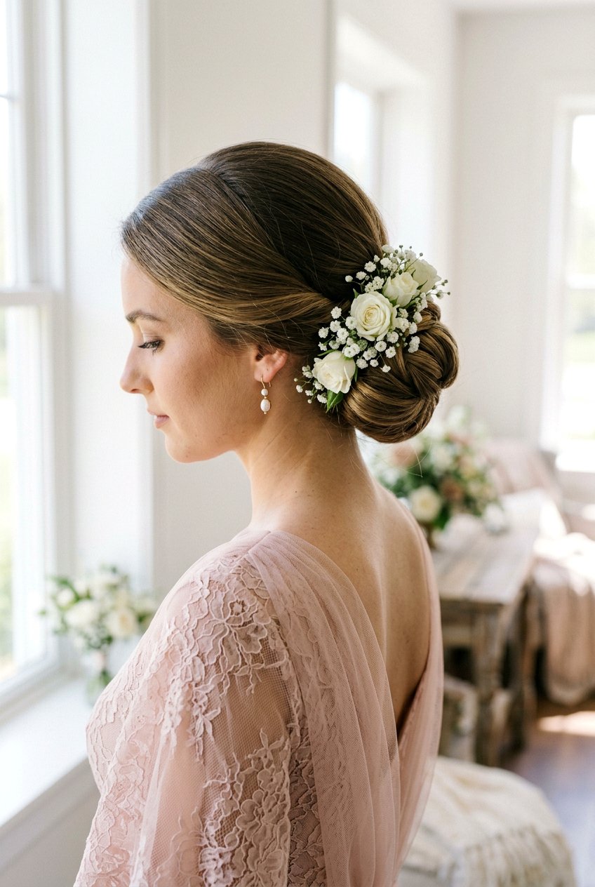 Elegant Side Bun With Floral Accessories - 20 formal wedding guest side bun - 20 formal wedding guest side bun