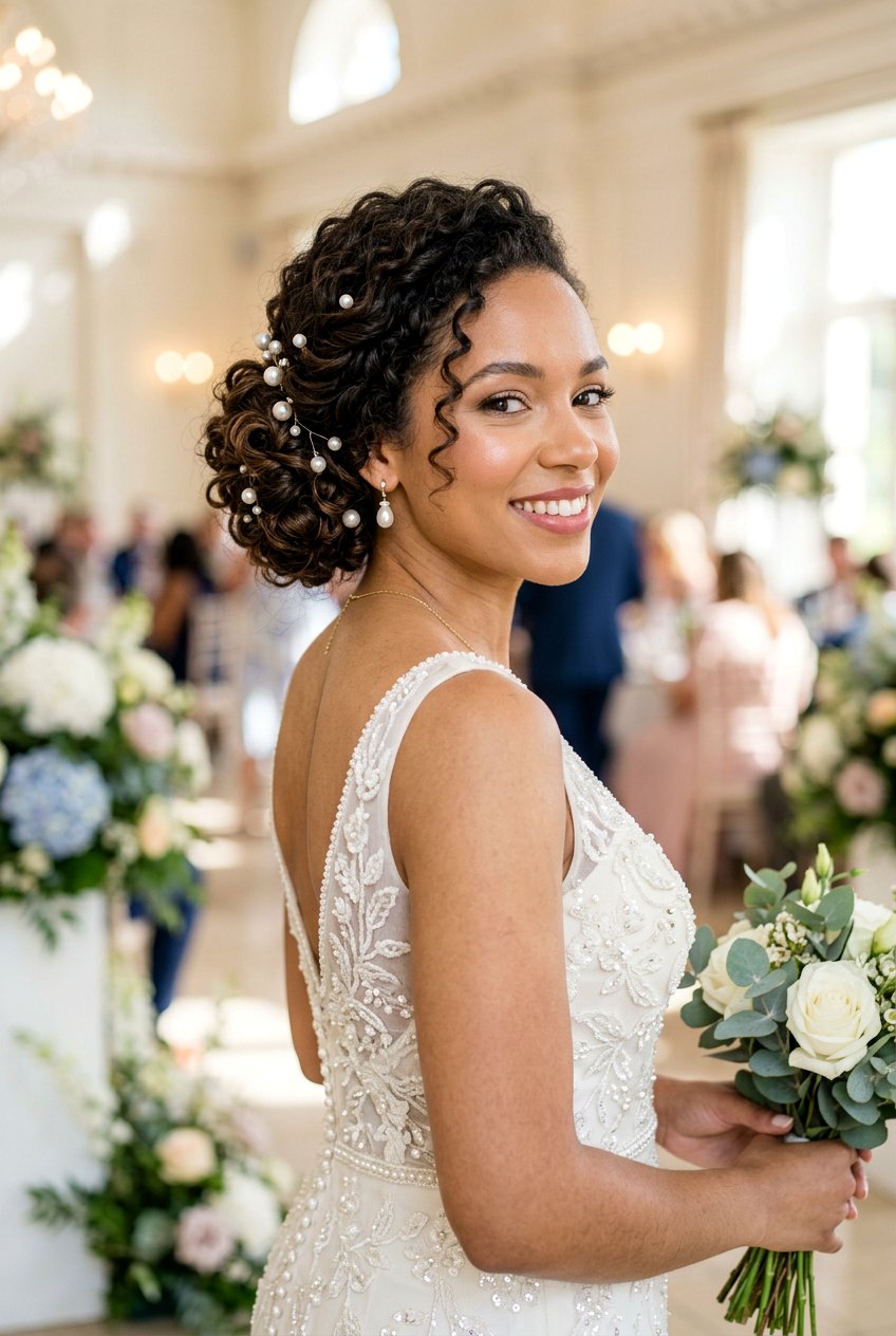 Elegant Side Bun With Pearl Pins And Curls - 20 bridesmaid side bun with curls - 20 bridesmaid side bun with curls