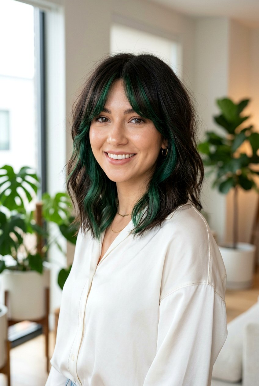 Emerald Peekaboo With Curtain Bangs - 20 emerald peekaboo under hair - 20 emerald peekaboo under hair