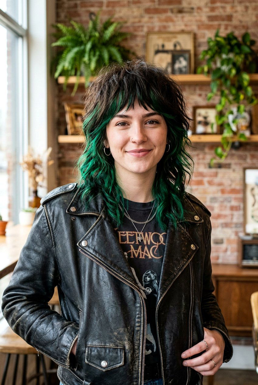 Emerald Peekaboo Wolf Cut - 20 emerald peekaboo under hair - 20 emerald peekaboo under hair