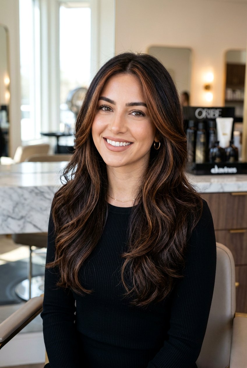 Espresso Brunette with Face Framing Highlights - 20 soft brunette highlights - 20 soft brunette highlights