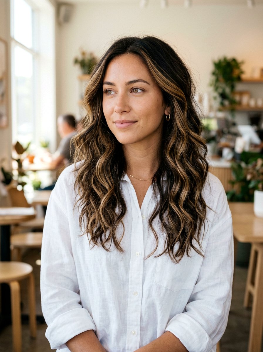 Espresso Caramel Undone Waves - 20 dimensional brunette for shoulder length hair - 20 dimensional brunette for shoulder length hair