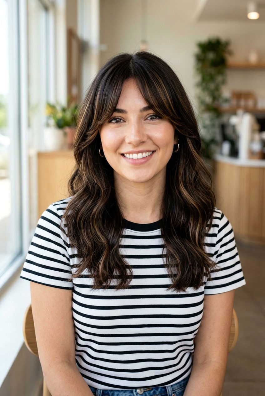 Espresso Curtain Bangs With Tawny Babylights - 20 brunette babylights for fine hair women - 20 brunette babylights for fine hair women