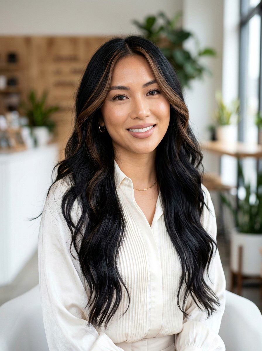 Espresso Money Piece On Black Long Hair - 20 subtle highlights for dark black hair - 20 subtle highlights for dark black hair