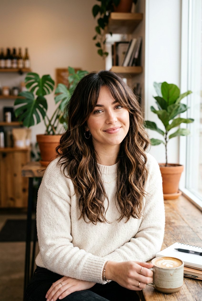 Espresso Ribbon Highlights With Curtain Bangs - 20 espresso ribbon highlights - 20 espresso ribbon highlights