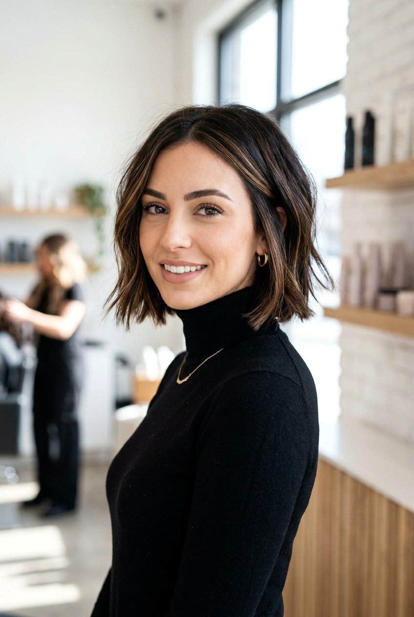 Espresso Short Bob With Caramel Babylights - 20 brunette babylights for fine hair women - 20 brunette babylights for fine hair women