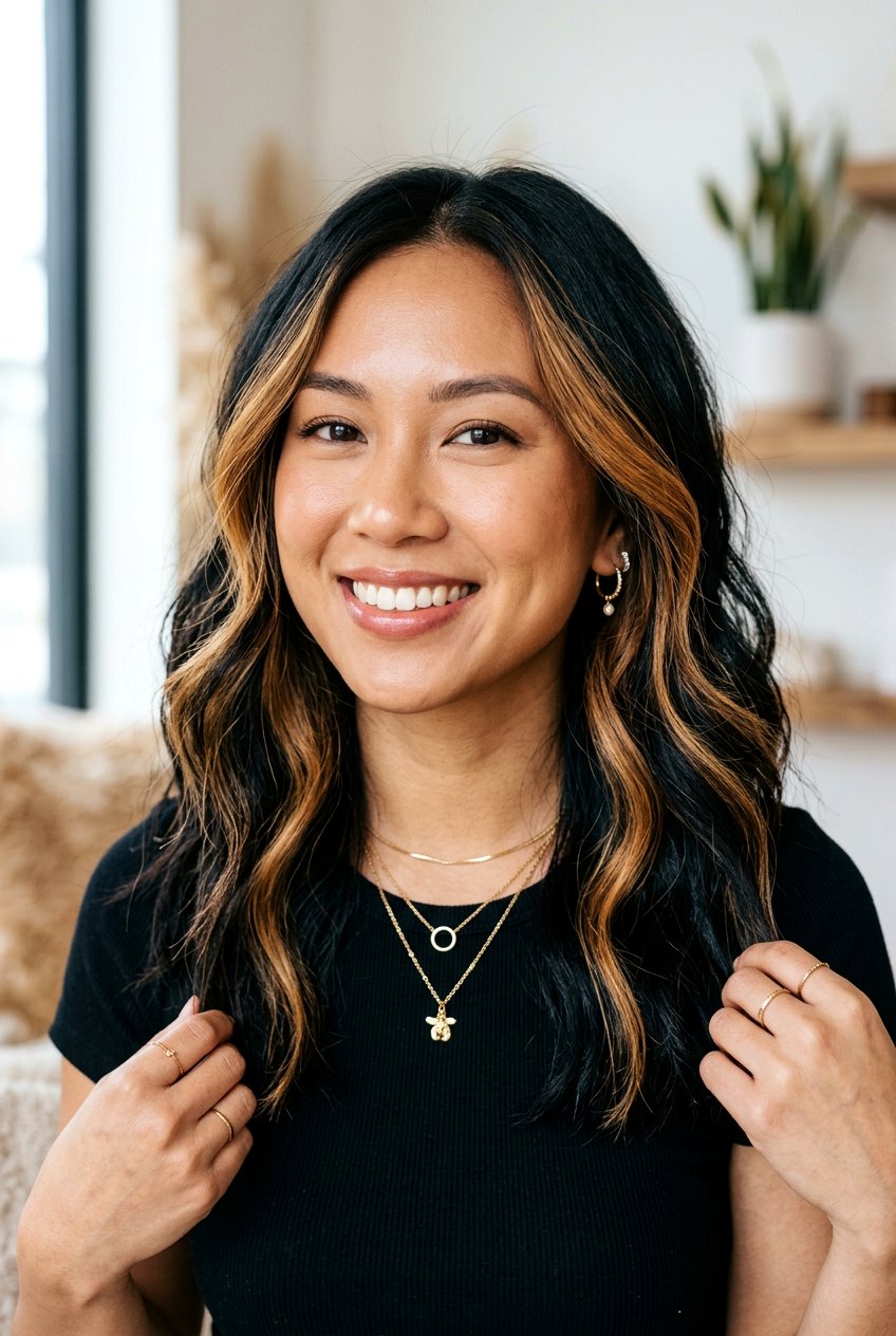 Face Framing Black Hair With Honey Babylights - 20 black hair with honey babylights - 20 black hair with honey babylights