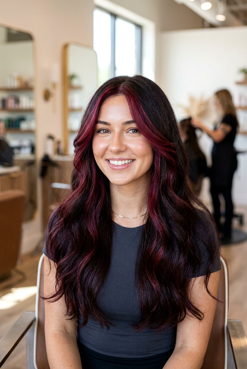 Face Framing Burgundy Balayage - 20 burgundy balayage on dark hair - 20 burgundy balayage on dark hair