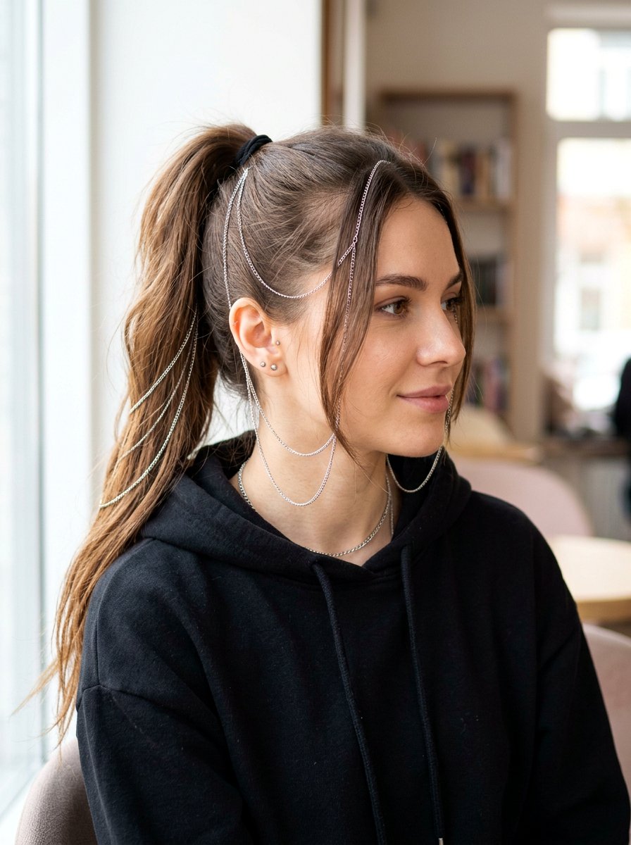 Face Framing Chains Ponytail - 20 soft goth ponytail hairstyle - 20 soft goth ponytail hairstyle