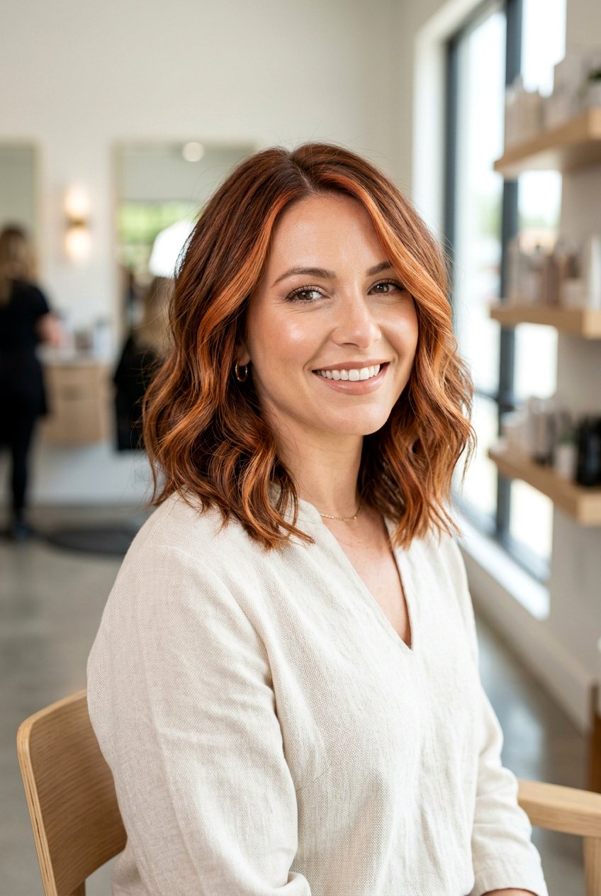 Face Framing Copper Highlights On Lob Haircut - 20 face framing copper highlights - 20 face framing copper highlights