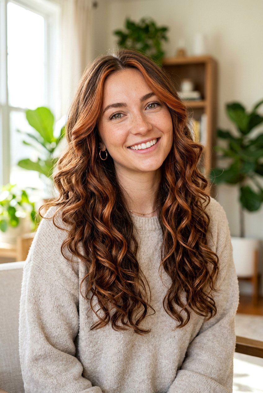 Face Framing Copper Highlights On Long Layers - 20 face framing copper highlights - 20 face framing copper highlights