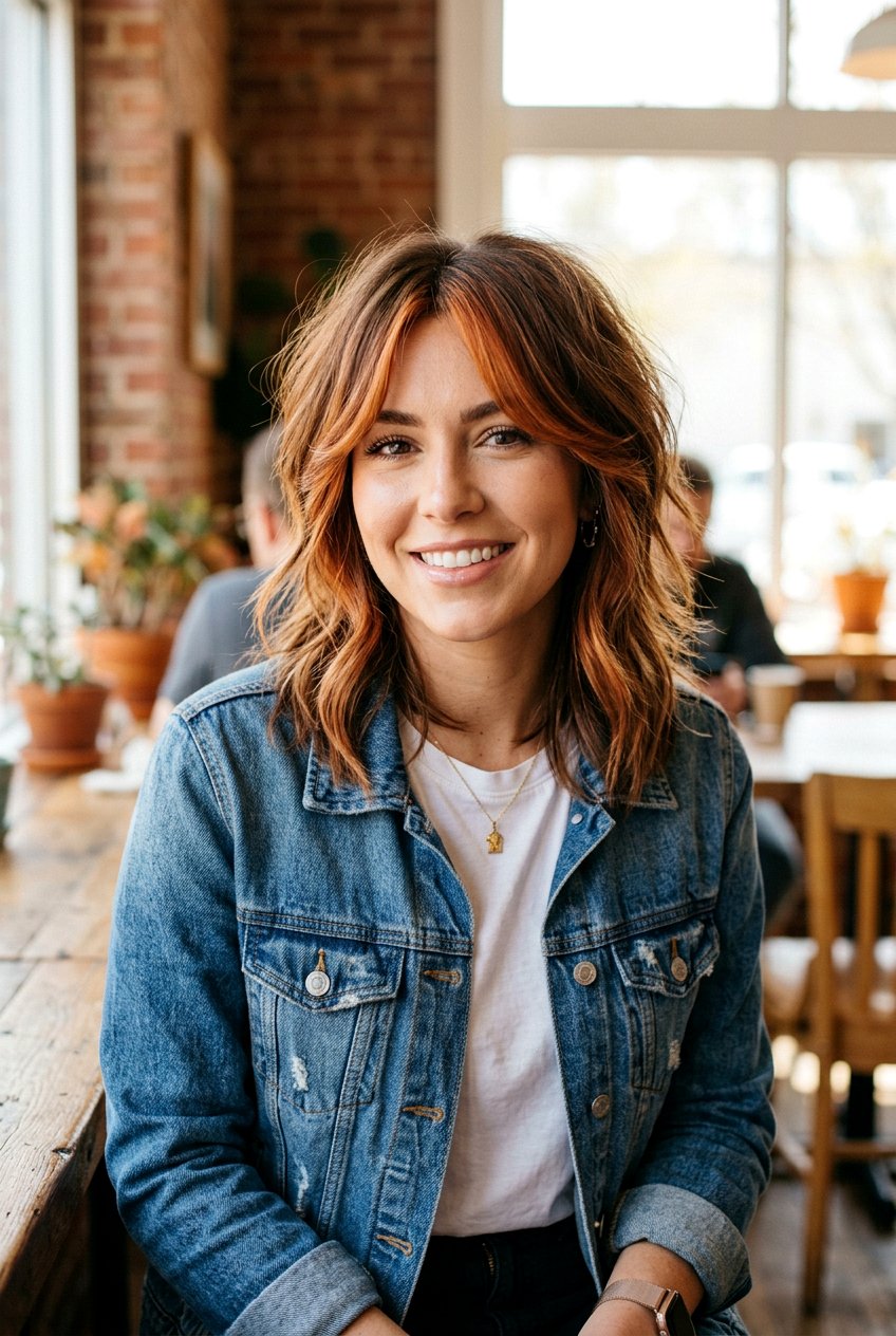 Face Framing Copper Highlights With Curtain Bangs - 20 face framing copper highlights - 20 face framing copper highlights