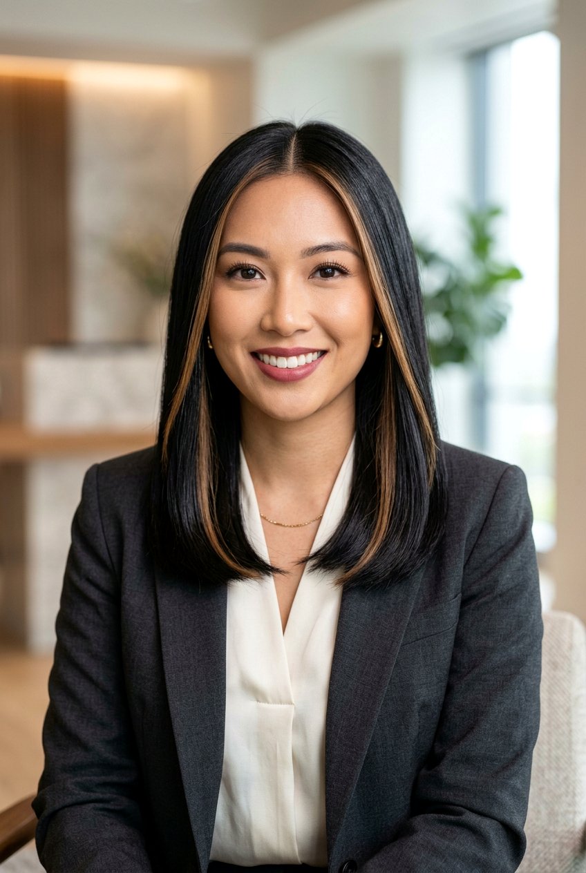 Face Framing Highlights On Sleek Black Hair With Middle Part - 20 face framing highlights for black hair - 20 face framing highlights for black hair