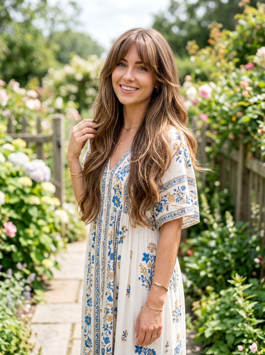 Face Framing Long Layers With Curtain Bangs - 20 flattering haircut for pear face women - 20 flattering haircut for pear face women