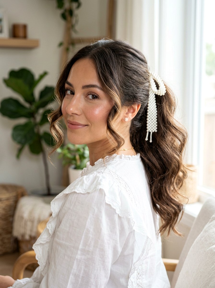 Face Framing Pearl Ponytail - 20 party hairstyle with pearl ponytail - 20 party hairstyle with pearl ponytail