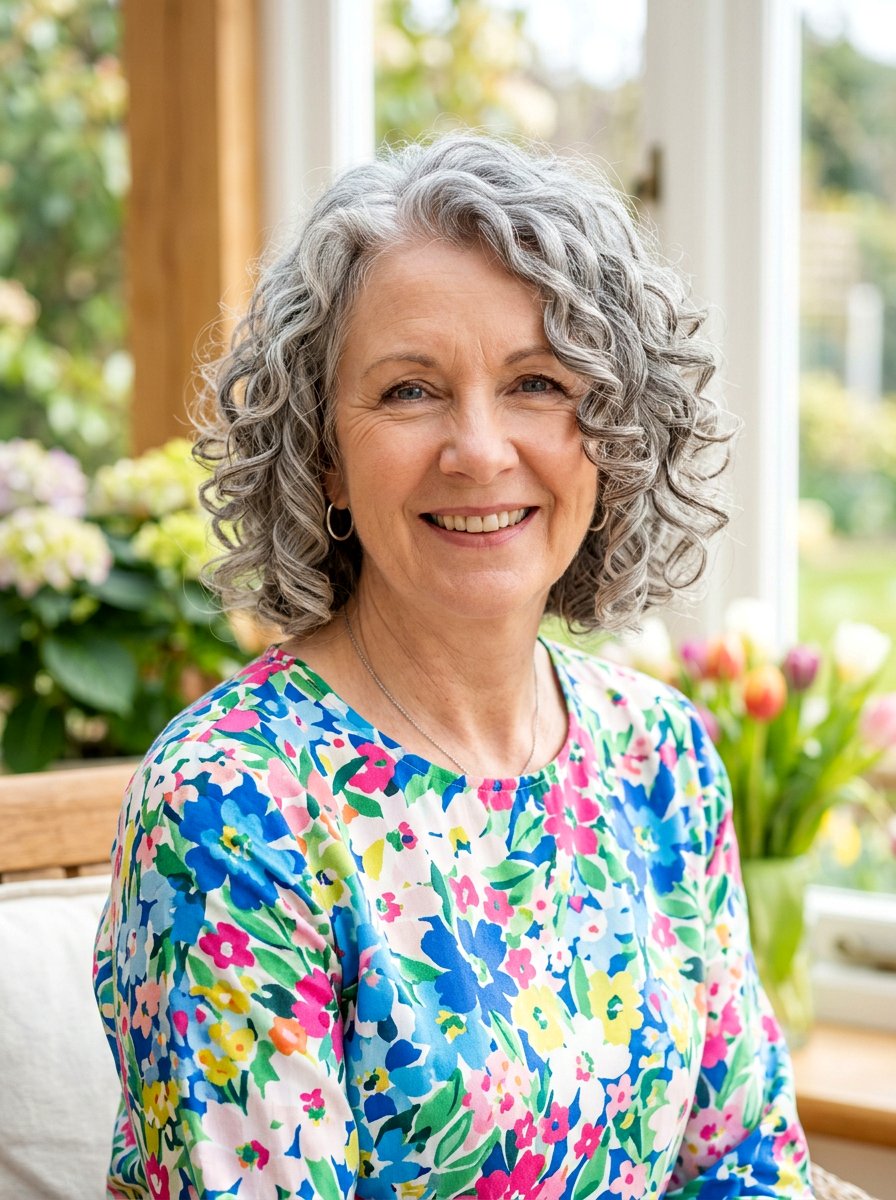 Face Framing Shoulder Length Gray Curls - 20 shoulder length gray curls for older women - 20 shoulder length gray curls for older women