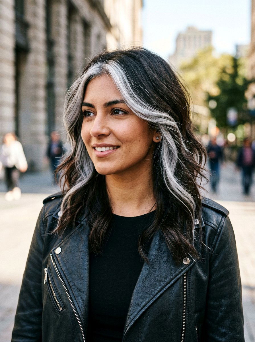 Face framing silver highlights on dark hair - 20 salt and pepper highlight ideas - 20 salt and pepper highlight ideas