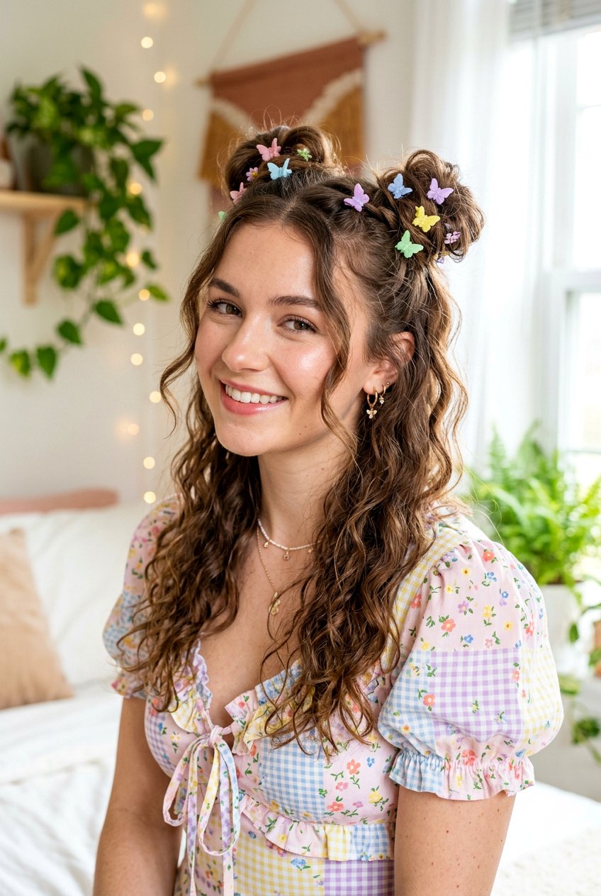 Fairycore Space Buns Half Up Hair - 20 fairycore hairstyles for women - 20 fairycore hairstyles for women