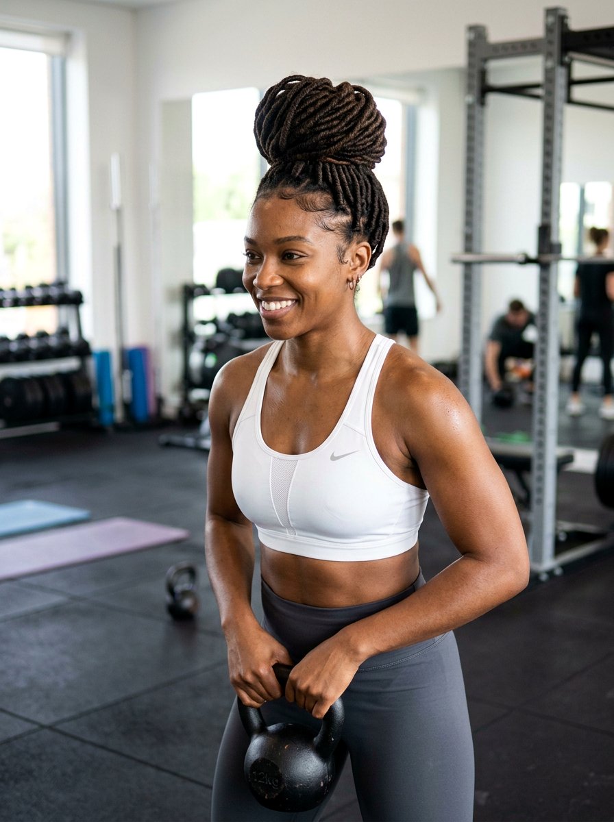 Faux Locs Top Bun Workout Style - 20 gym hairstyle for natural hair women - 20 gym hairstyle for natural hair women