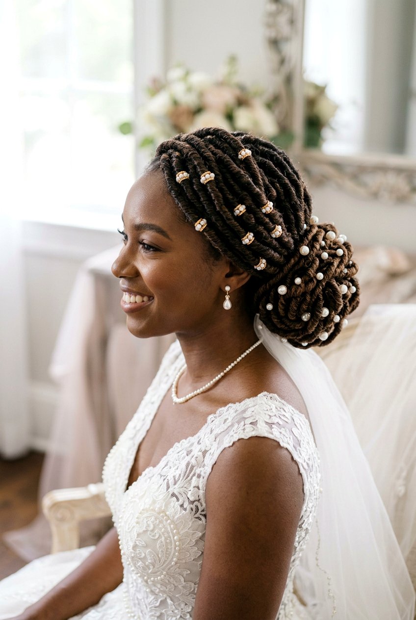 Faux Locs Updo with Pearl Accessories - 20 bridal faux loc updo - 20 bridal faux loc updo
