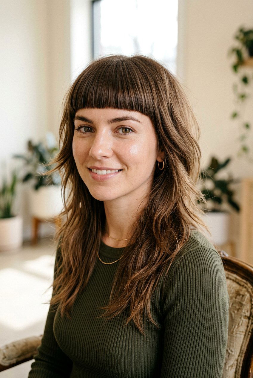 Feather cut with blunt bangs - 20 feather cut for long hair - 20 feather cut for long hair