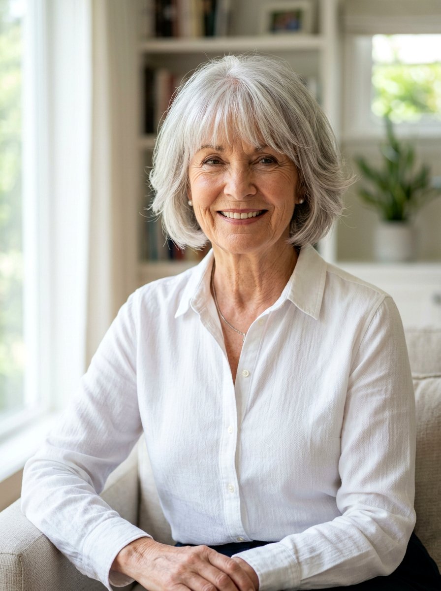 Feathered Bob With Bangs - 20 silver feathered haircut for older women - 20 silver feathered haircut for older women