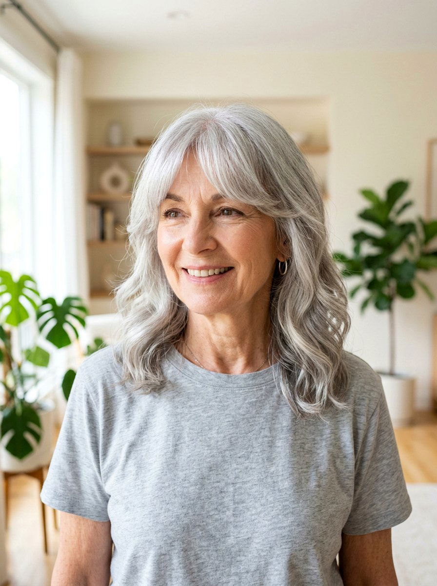 Feathered Curtain Bangs - 20 silver feathered haircut for older women - 20 silver feathered haircut for older women