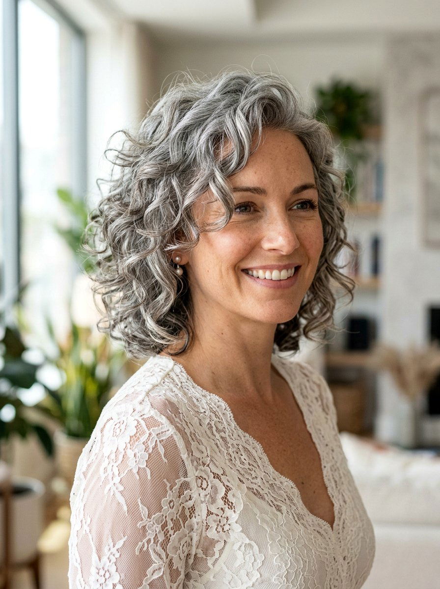 Feathered Gray Curly Cut - 20 shoulder length gray curls for older women - 20 shoulder length gray curls for older women