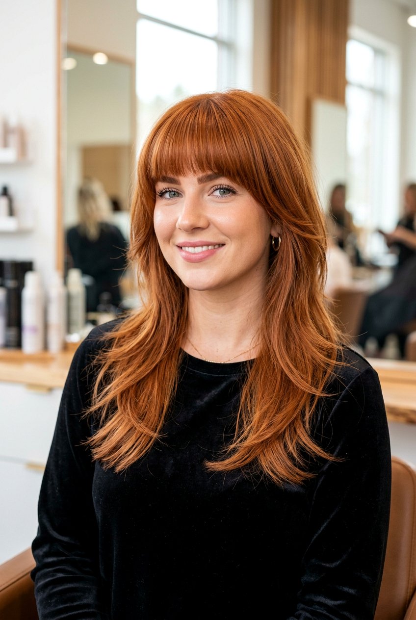Feathered Haircut With Full Straight Bangs - 20 feather cut to reduce volume in thick hair - 20 feather cut to reduce volume in thick hair