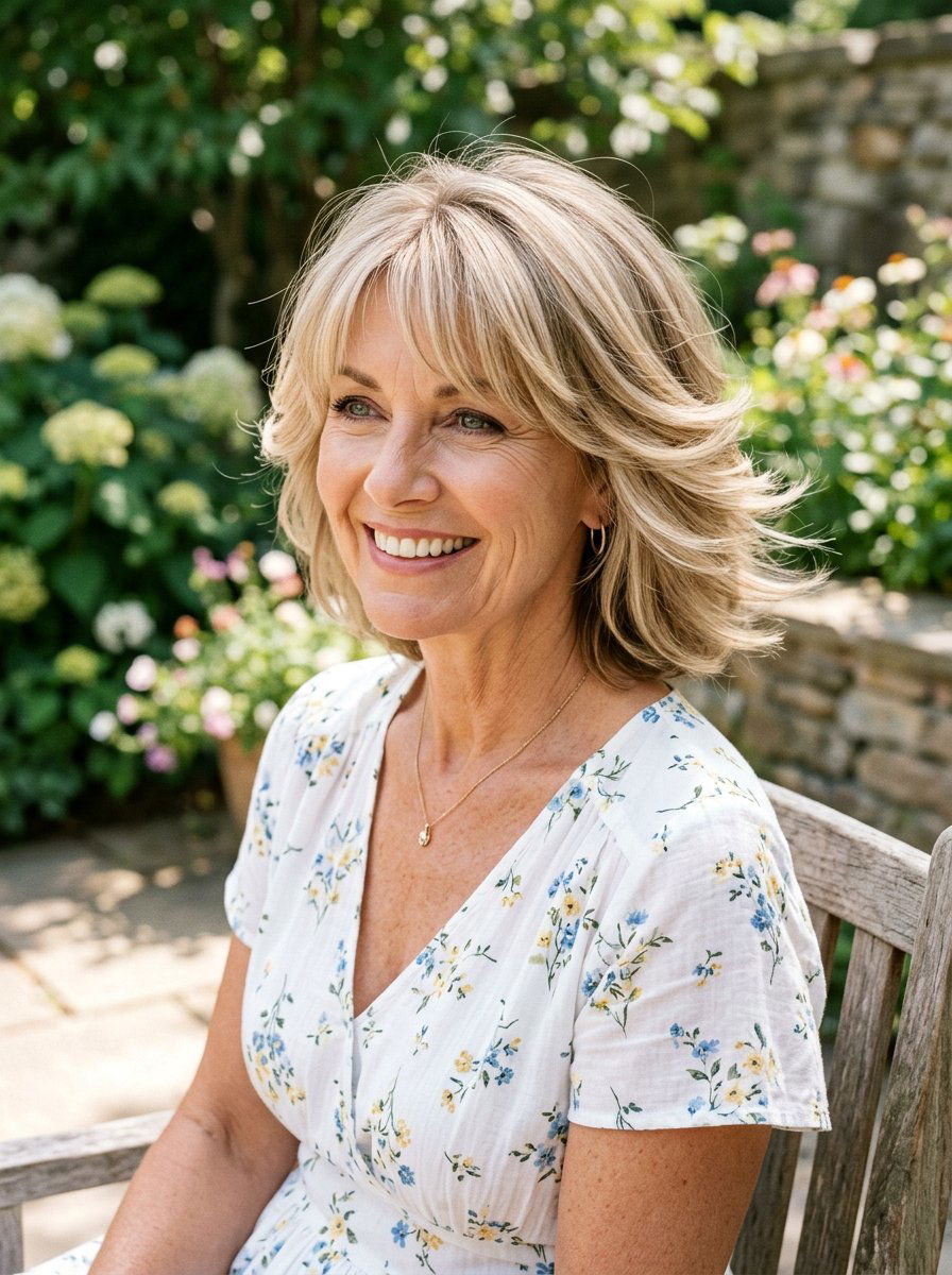 Feathered Layered Bob - 20 layered bob with curtain bangs for women over 50 - 20 layered bob with curtain bangs for women over 50