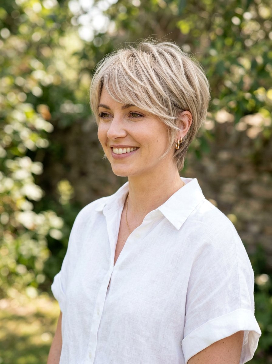 Feathered Layered Pixie With Side Sweep - 20 layered pixie with side fringe - 20 layered pixie with side fringe