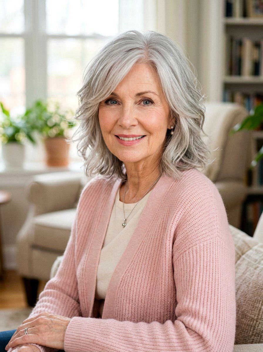 Feathered Lob - 20 silver feathered haircut for older women - 20 silver feathered haircut for older women