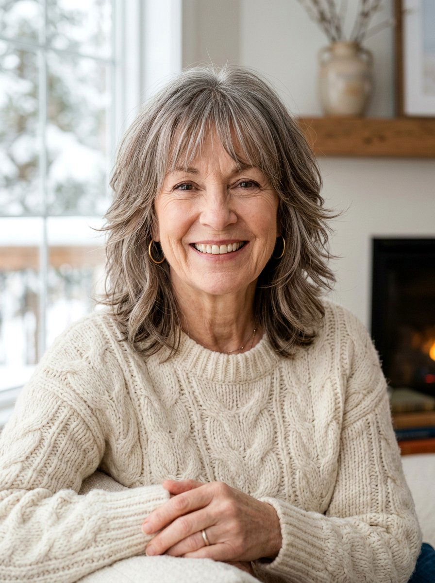 Feathered Lob With Bangs - 20 soft feathered lob for older women - 20 soft feathered lob for older women