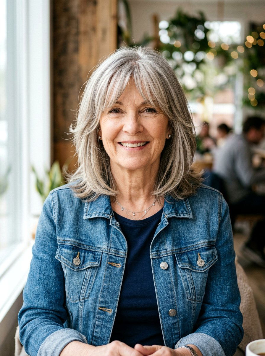 Feathered Lob With Curtain Bangs - 20 soft feathered lob for older women - 20 soft feathered lob for older women