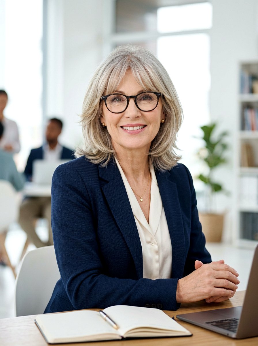 Feathered Lob With Glasses - 20 soft feathered lob for older women - 20 soft feathered lob for older women