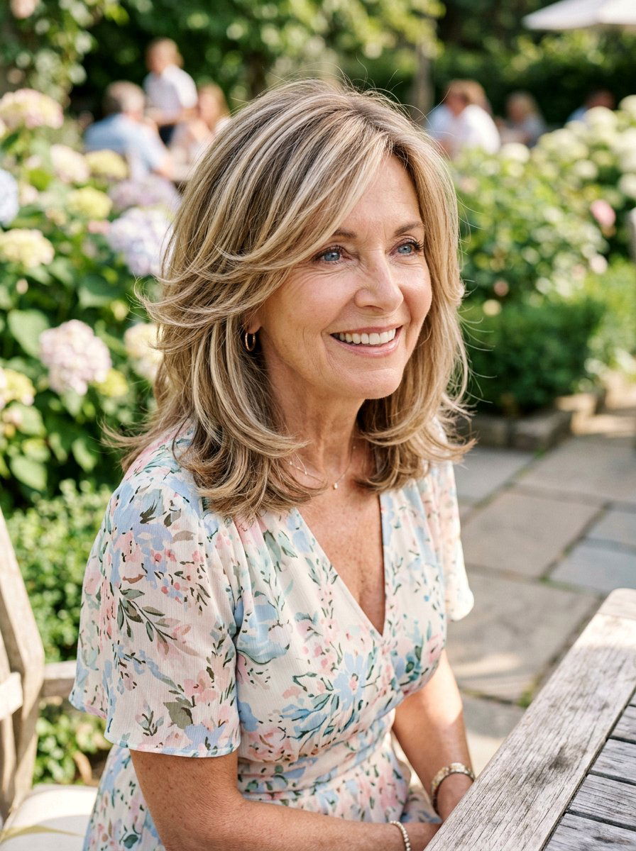 Feathered Lob With Highlights - 20 soft feathered lob for older women - 20 soft feathered lob for older women