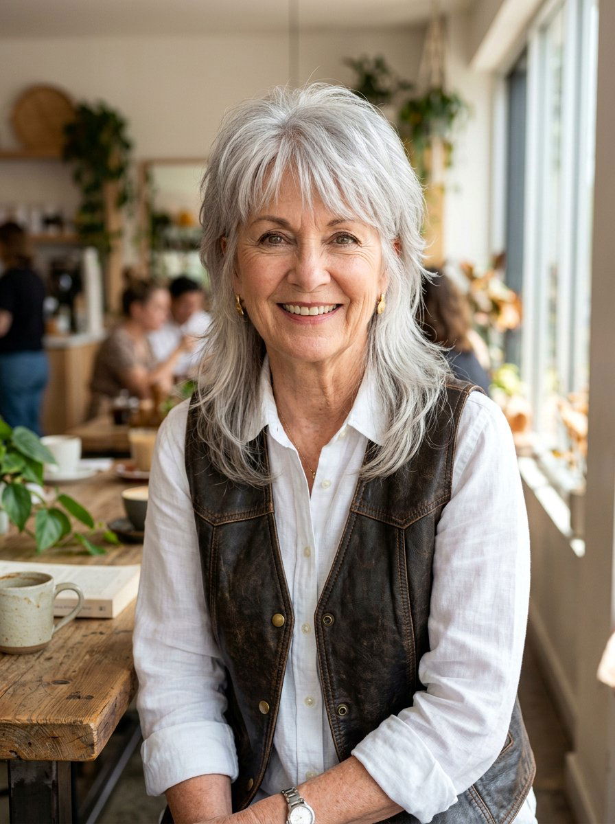 Feathered Mullet Lite - 20 silver feathered haircut for older women - 20 silver feathered haircut for older women