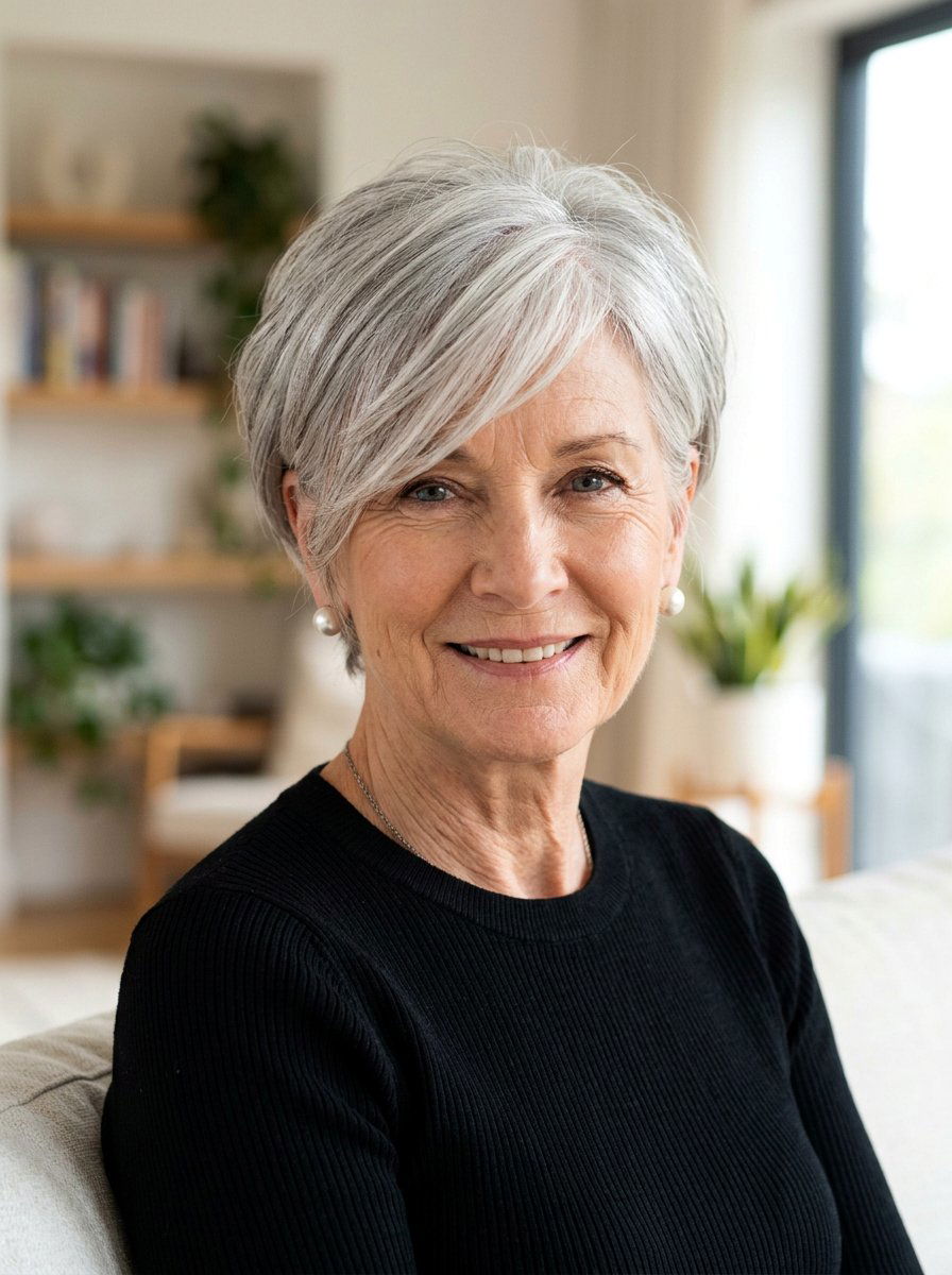 Feathered Side Swept Crop - 20 silver feathered haircut for older women - 20 silver feathered haircut for older women