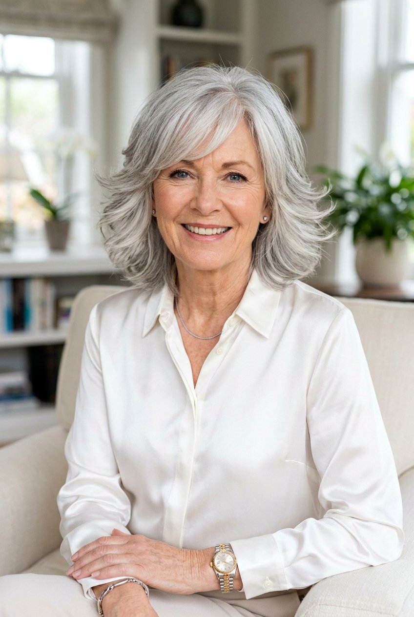 Feathered Silver Shag - 20 medium shag for women over 60 with bangs - 20 medium shag for women over 60 with bangs