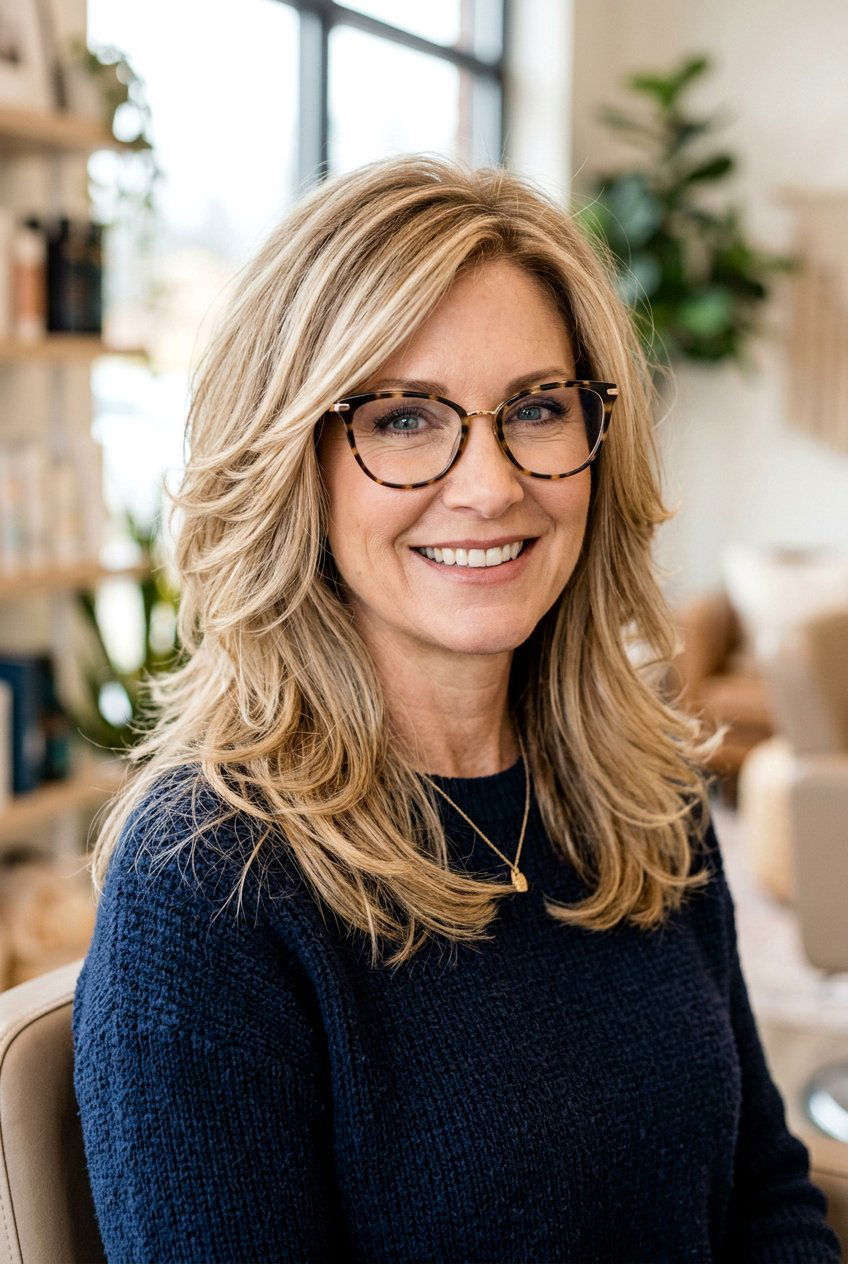 Feathered layers - 20 hairstyles for women over 40 with glasses - 20 hairstyles for women over 40 with glasses