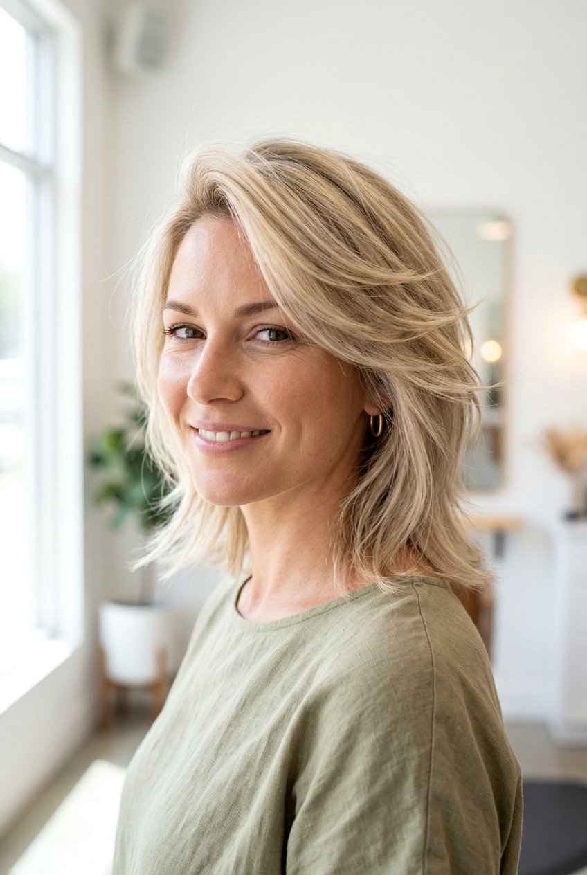 Feathered medium haircut - 20 medium haircuts for round faces - 20 medium haircuts for round faces