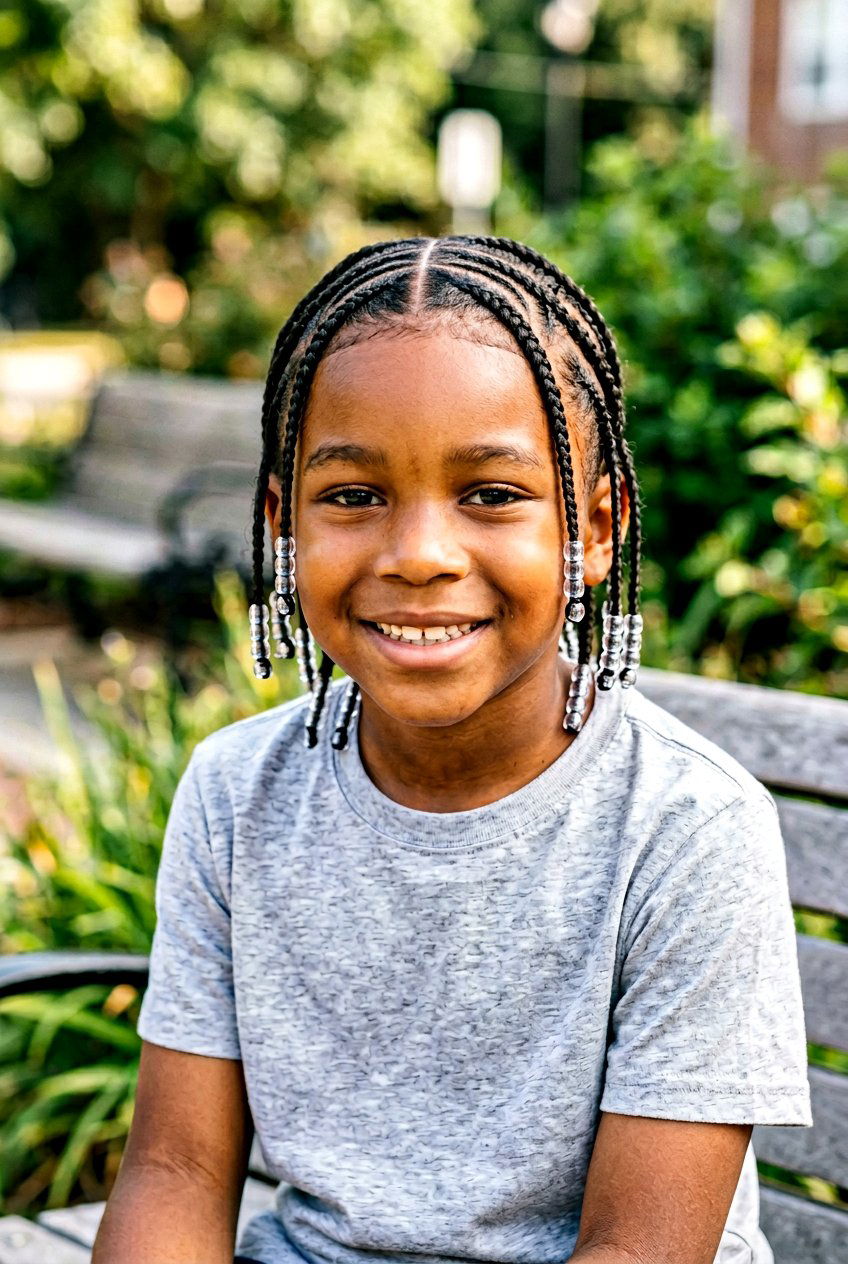 Feed In Boys Cornrows With Transparent Beads - 20 boys cornrows with beads - 20 boys cornrows with beads