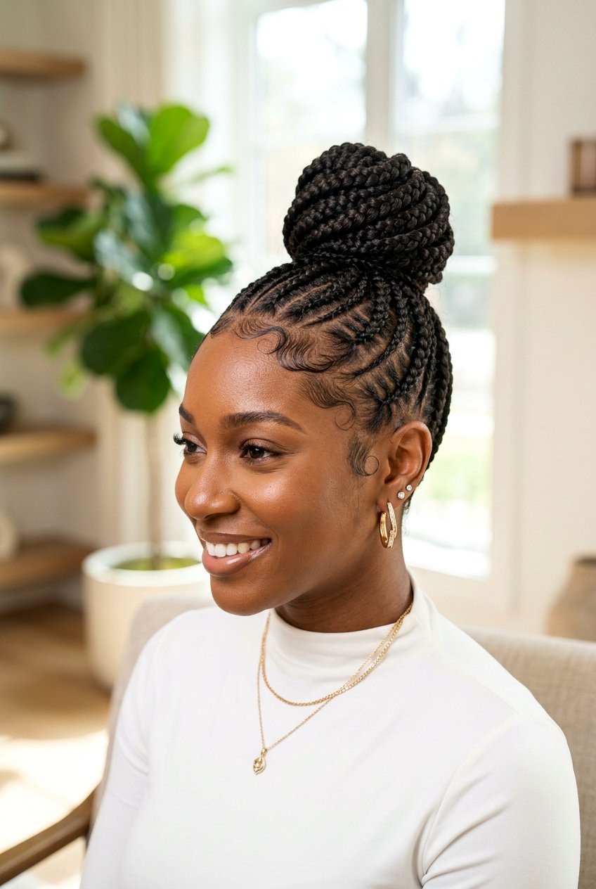 Feed In Braids Bun Laid Edges - 20 feed in braids with curly bun - 20 feed in braids with curly bun