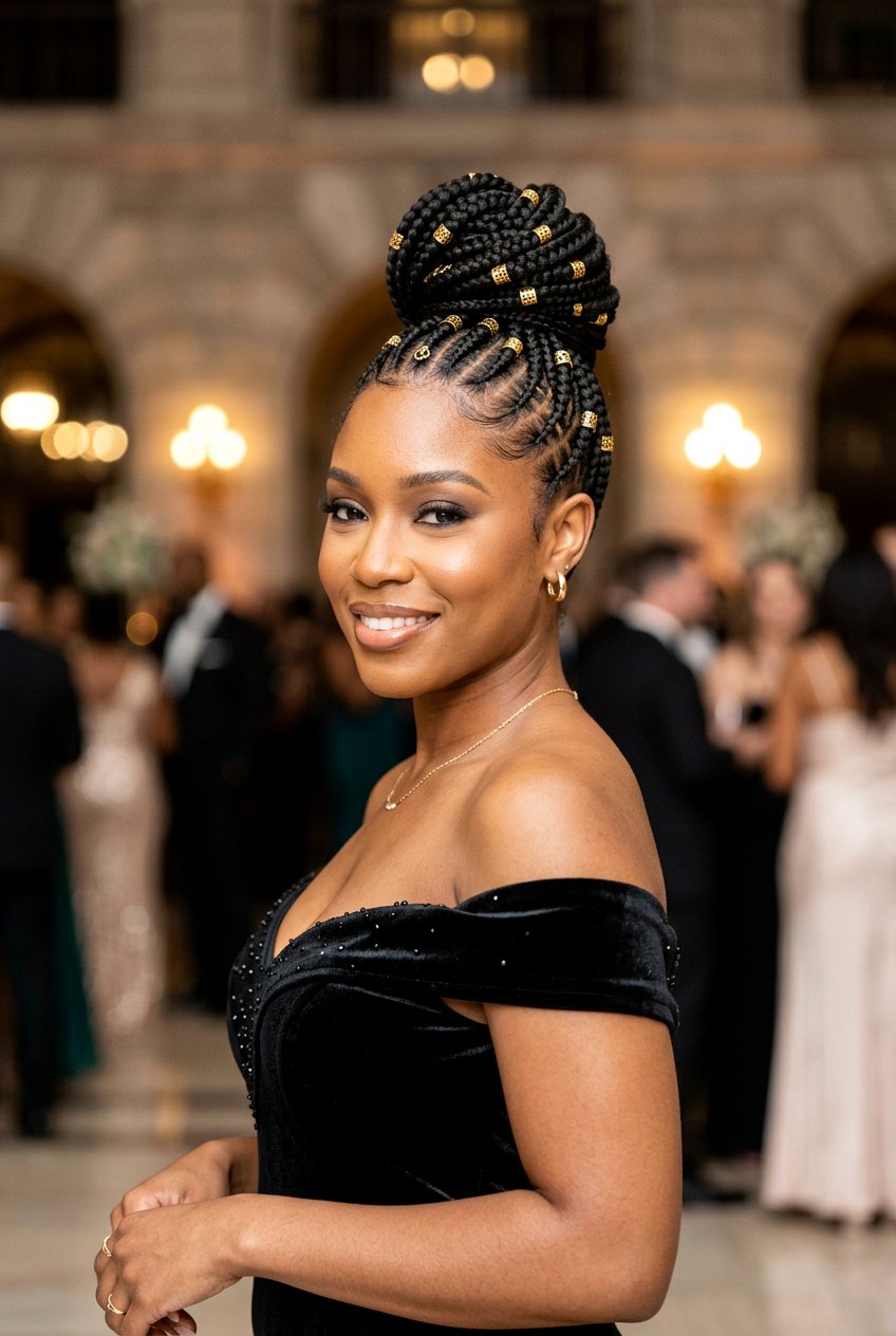 Feed In Braids Bun With Gold Cuffs - 20 feed in braids bun hairstyle - 20 feed in braids bun hairstyle